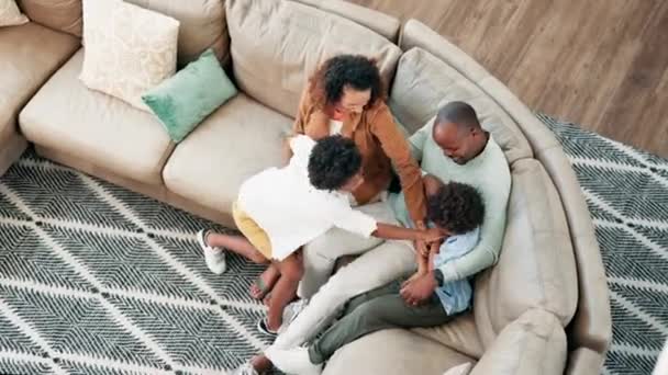 Laughing Tickling Parents Children Sofa Having Fun Bonding Relaxing Together — Stock Video