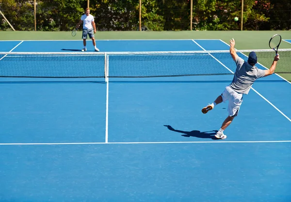 Tennis Spel Och Män Med Fitness Vänner Och Konkurrens Med — Stockfoto