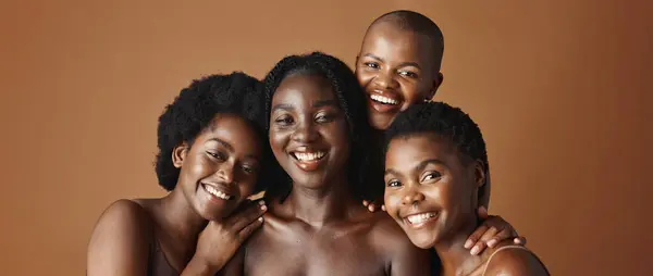 Face, sinkcare and funny with black woman friends in studio on a brown background for natural wellness. Portrait, beauty and smile with a group of happy people laughing for antiaging treatment.