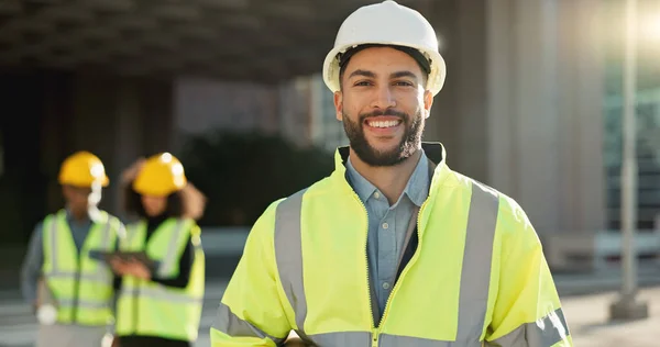 Happy man, architect and city for construction management or teamwork in leadership on site. Portrait of male person, contractor or engineer smile for professional architecture, project or ambition.