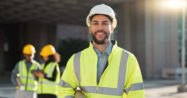 Happy man, architect and city for construction management or teamwork in leadership on site. Portrait of male person, contractor or engineer smile for professional architecture, project or ambition.
