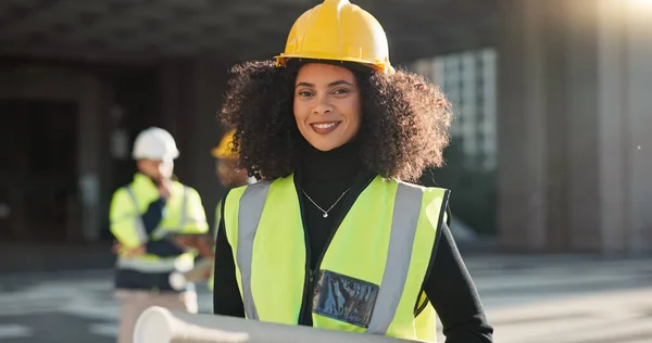 Happy woman, architect and city for construction management or teamwork in leadership on site. Portrait of female person, contractor or engineer smile for professional architecture, project or plan.