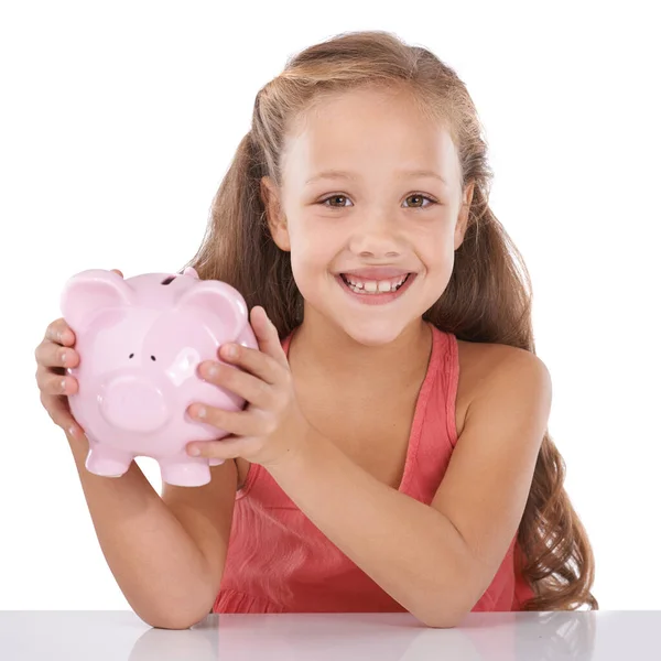 Piggy Bank Geld Besparen Meisje Kind Portret Financiën Leren Cash — Stockfoto