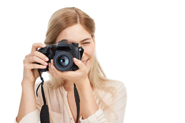 Fotograaf Camera Focus Met Vrouw Creatief Neem Foto Voor Kunst — Stockfoto