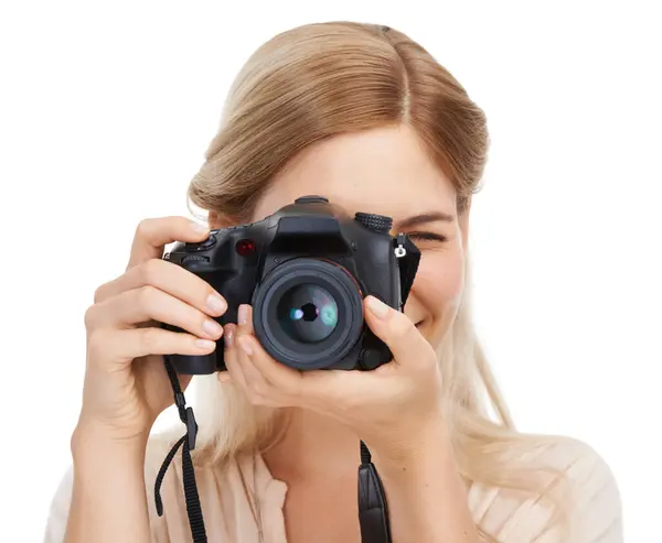 Fotograaf Camera Focus Met Vrouw Lens Neem Foto Voor Kunst — Stockfoto