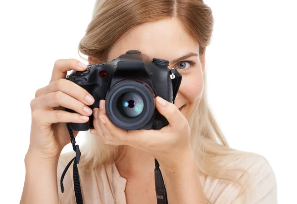 Fotograaf Cameralens Focus Met Vrouw Creatief Neem Foto Voor Kunst — Stockfoto