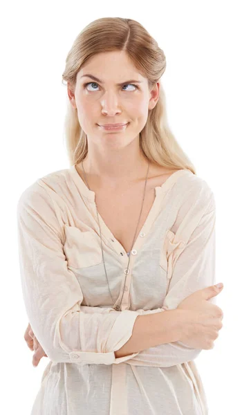 Funny Face Crazy Squint Woman Arms Crossed Studio Isolated White — Stock Photo, Image
