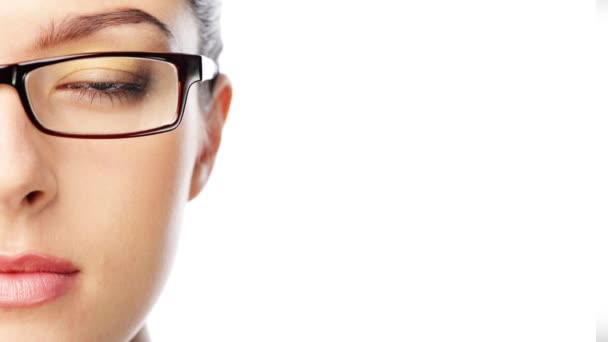 Ojo Gafas Visión Cara Mujer Optometría Pupila Retina Con Ojo — Vídeo de stock