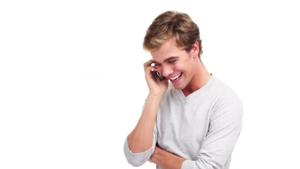Rozmowa Telefoniczna Zabawny Człowiek Uśmiechem Rozmowa Model Odizolowany Białym Tle — Wideo stockowe