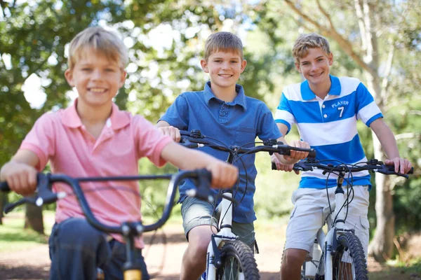 Nature Smile Portrait Children Bicycle Riding Outdoor Field Park Forest — Stock Photo, Image