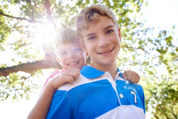Piggy Back Portrait Boys Forest Summer Vacation Happiness Bonding Together — Stock Photo, Image