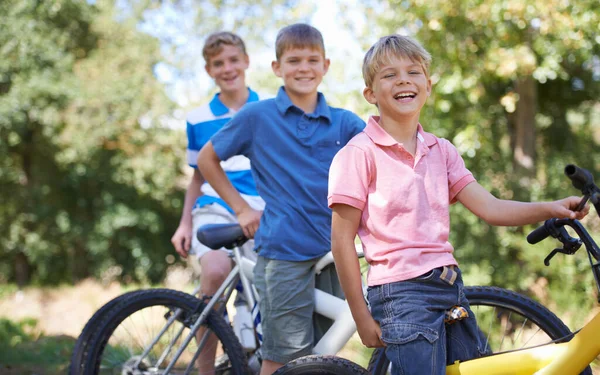 Nature Bicycle Portrait Boy Kids Riding Outdoor Field Park Forest — Stock Photo, Image