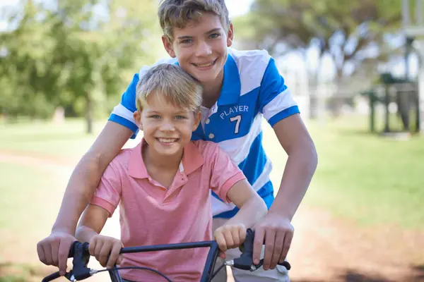 Nature Smile Portrait Children Bicycle Riding Outdoor Field Park Forest — Stock Photo, Image