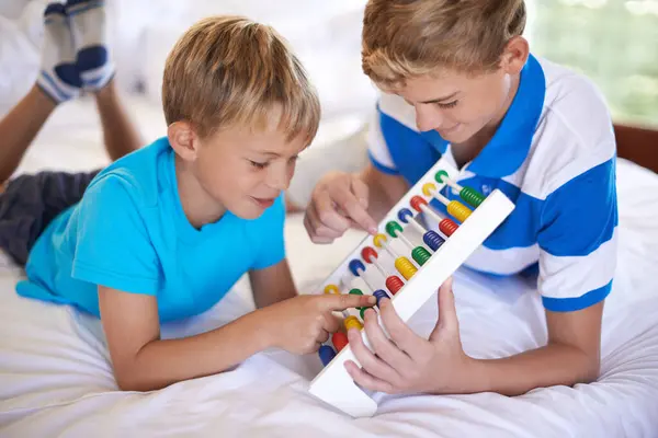 Children Home Playing Abacus Learning Happy Bonding Together Educational Math — Stock Photo, Image