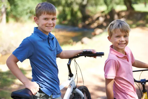 Nature Bicycles Portrait Boy Children Riding Outdoor Field Park Forest — Stock Photo, Image