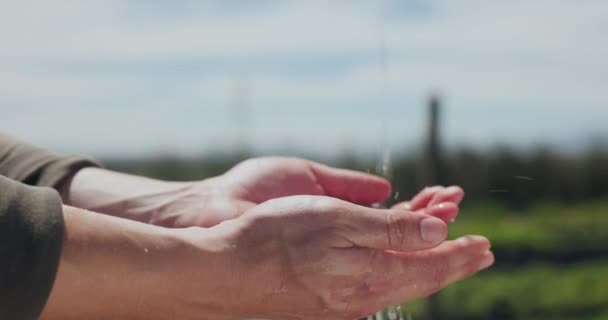 Hände Wasser Und Waschen Sauber Auf Dem Feld Als Gartenhelfer — Stockvideo