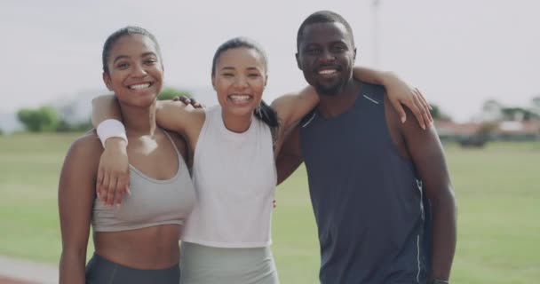 Happy People Fitness Runners Celebration Teamwork Winning Success Stadium Track — Stock video