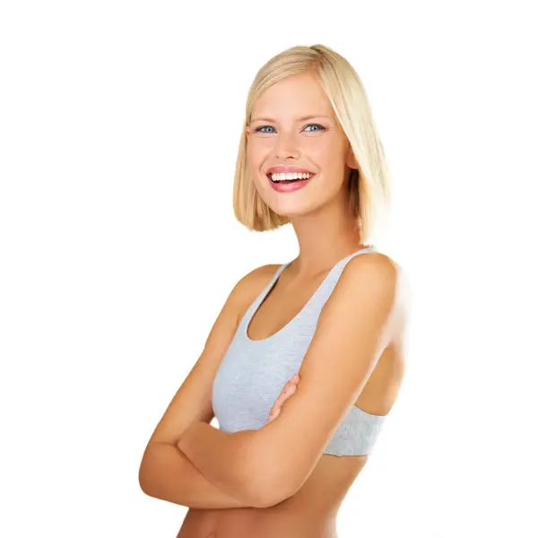 Vrolijke Vrouw Portret Blond Fitness Mode Stijl Een Witte Studio — Stockfoto