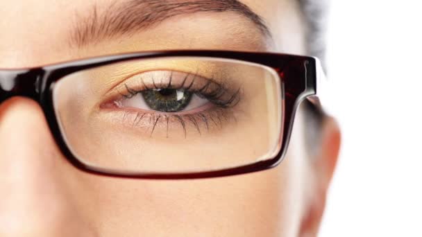 Eye Glasses Vision Woman Optometry Closeup Pupil Retina Eyecare White — Stock Video