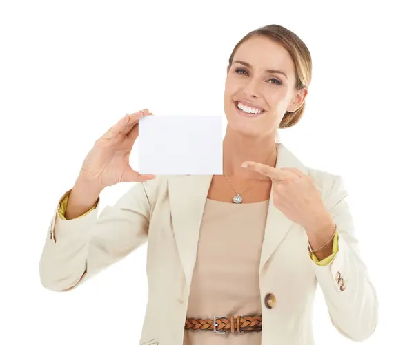 Pointing Portrait Businesswoman Card Mockup Sale Promotion Offer Advertising Deal — Stock Photo, Image