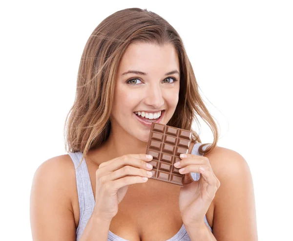 Happy Woman Eat Chocolate Portrait Candy Sweet Tooth Pleasure Craving — Stock Photo, Image