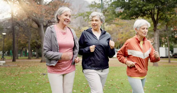 Senior women, walking and friends with fitness, wellness and workout for health in retirement. Park, exercise and elderly female group with motivation and power walk for cardio outdoor together.