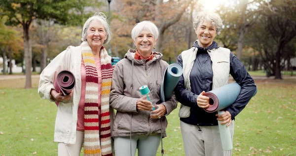 Old women, friends and yoga in the park, fitness and smile in portrait, health and retirement together. Female people in nature, exercise mat and pilates class with pension, community and wellness.
