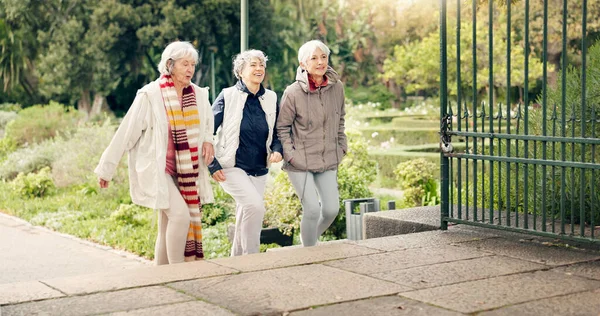 Senior friends, walking and talking together on an outdoor path to relax in nature with elderly women in retirement. People, happy conversation and healthy exercise in the park in autumn or winter.
