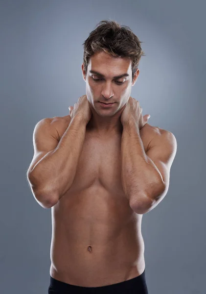 Thinking Skincare Man Cosmetics Shirtless Dermatology Grey Studio Background Person — Stock Photo, Image