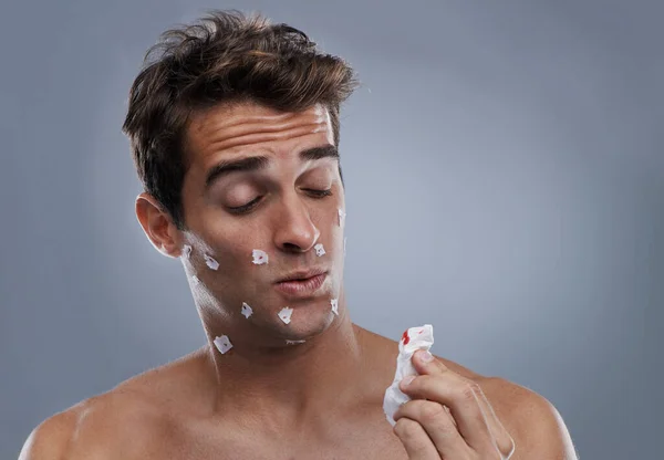 Man Face Shave Cuts Paper Hair Removal Hygiene Injury Blood — Stock Photo, Image