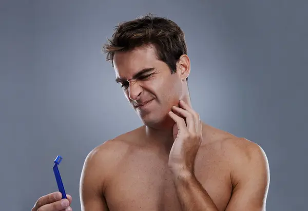 Man Shaving Beard Razor Burn Studio Hair Removal Mistake Inflammation — Stock Photo, Image