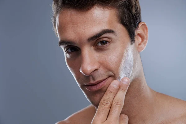 Portrait Cream Man Skincare Glow Moisture Grey Studio Background Face — Stock Photo, Image