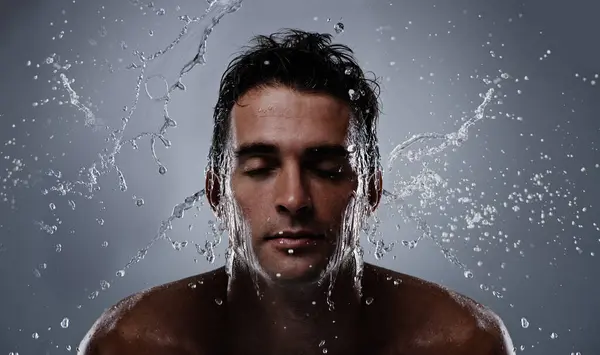 Water Splash Liquid Man Wash Face Bathroom Routine Self Care — Stock Photo, Image