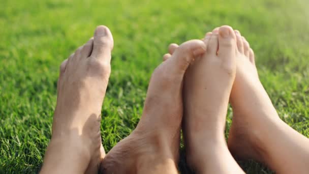 Menschen Füße Und Entspannung Auf Gras Park Zusammen Mit Liebe — Stockvideo