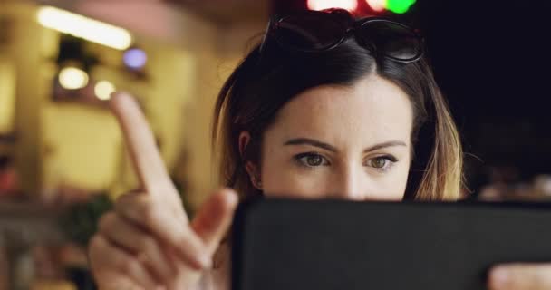Woman Scroll Tablet Relax Restaurant Reading Connection Social Media Break — Stock Video