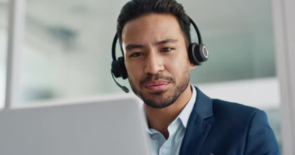 Gesicht Laptop Und Geschäftsmann Call Center Mit Headset Für Kundenbetreuung — Stockvideo