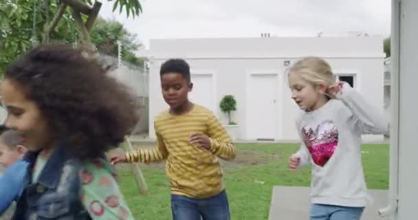 Çocuklar Arkadaşlar Oyun Parkı Doğada Koşan Oynayan Tırmanan Çocuk Yuvası — Stok video