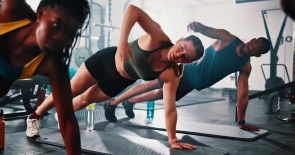 Trabalho Equipe Aula Ginástica Prancha Para Exercícios Treinamento Força Muscular — Vídeo de Stock