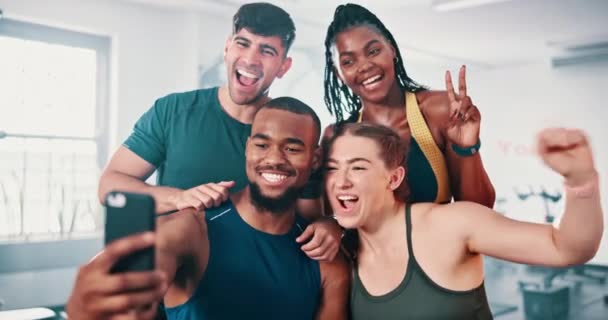Fitness Gimnasio Selfie Con Personas Entrenamiento Bienestar Con Salud Redes — Vídeos de Stock