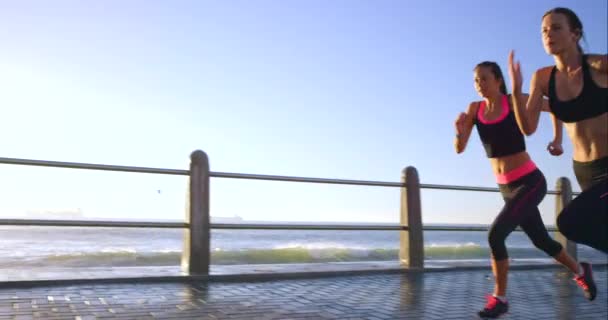 Ženy Běh Ráno Pláži Fitness Cvičení Pro Wellness Kardio Školení — Stock video