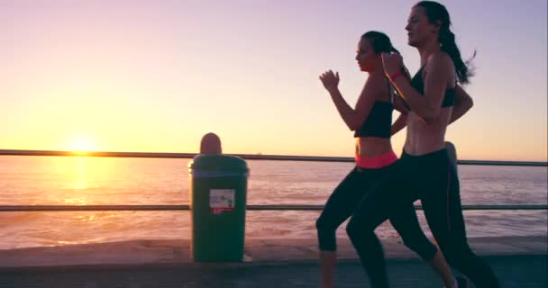 Ludzie Zachód Słońca Lub Biegacze Plaży Biegania Ćwiczeń Lub Ćwiczeń — Wideo stockowe
