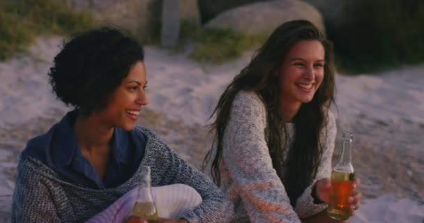 불꽃과 맥주와 자연에서 이야기와 재미있는 농담에 휴가에 모래에 관심을 여성과 — 비디오