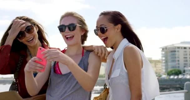 女人和朋友与自拍 假日和夏天与周末休息和幸福 社交媒体 出游或贴有应用程序或带着照片旅行的迈阿密人 — 图库视频影像