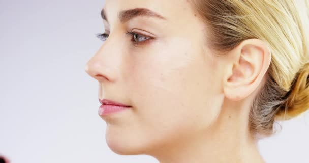 Woman Face Makeup Brush Beauty Cosmetics Skincare Gray Studio Background — Stock Video