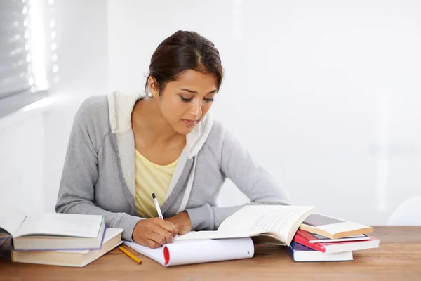Serious Writing Student Studying College Learning Work School Project Desk — Stock Photo, Image