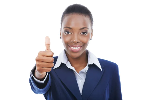 身材高大 和形象黑人妇女在商界与同意和幸福的白色背景 非洲人 企业家和展示感谢你签署与您的认可和类似的情感 — 图库照片