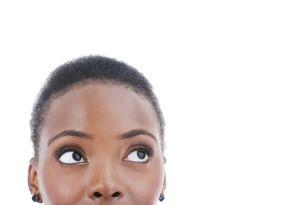 Pytanie Myślenie Twarz Czarnej Kobiety Pomysłami Studiu Czy Afrykańskiej Osobie — Zdjęcie stockowe