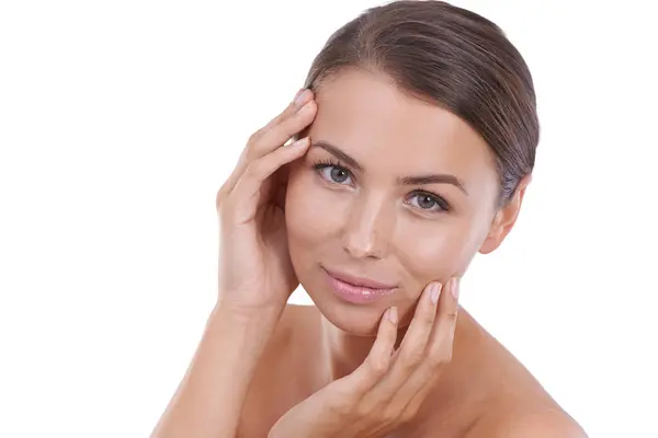 Woman Hands Portrait Beauty Skincare Cosmetics Hair Confident Face Skin — Stock Photo, Image