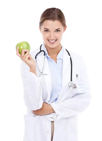 Äpple Lycklig Kvinna Eller Läkare Porträtt För Välbefinnande Detox Eller — Stockfoto
