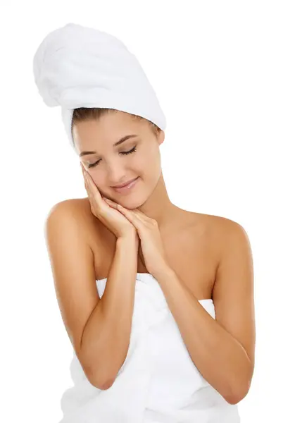 Asciugamano Bellezza Relax Donna Con Soddisfazione Cosmetici Trucco Estetico Collagene — Foto Stock